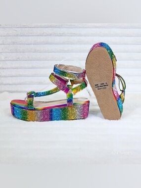 Pazzle MIA-RHINE Rainbow Platform Sandals Multicolor Ombre Rhinestone 8